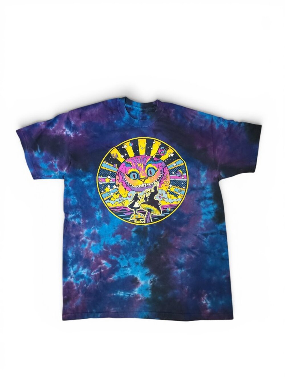 Liquid Blue Alice In Wonderland T-Shirt Blue Purple Tie-Dye Cat Face Size Medium